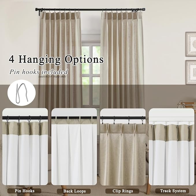 Central Park Sand Pinch Pleated Light Filtering Curtain Panel 90 Inches Linen Blended with Microfiber Liner Rustic Textured Window Drapes for Living Room Bedroom with Back Tabs Hooks, 40" L x90 W x2