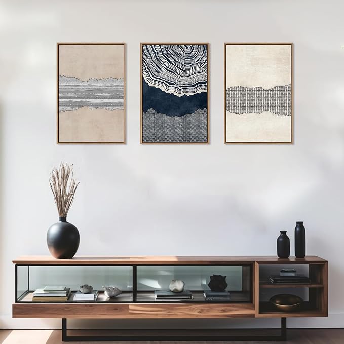 LHIUEM Large Abstract Navy Blue Beige Framed Canvas Wall Art,Modern Tree Rings Shapes Wall Decor,Neutral Retro Wooden Artwork for Living Room,Bedroom,Dining Room,Office -16"x24"x3