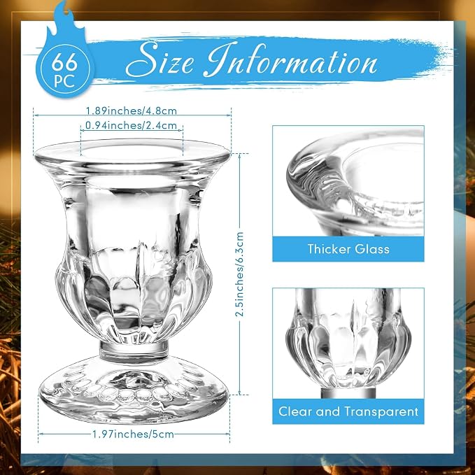 66 Pcs Clear Glass Candlestick Holders Taper Candle Holder Bulk 2.5 Inch Candle Stick Holder for Table Centerpiece Mantel Wedding Housewarming Gift Rustic Vintage Valentines Dinning Decoration (Clear)
