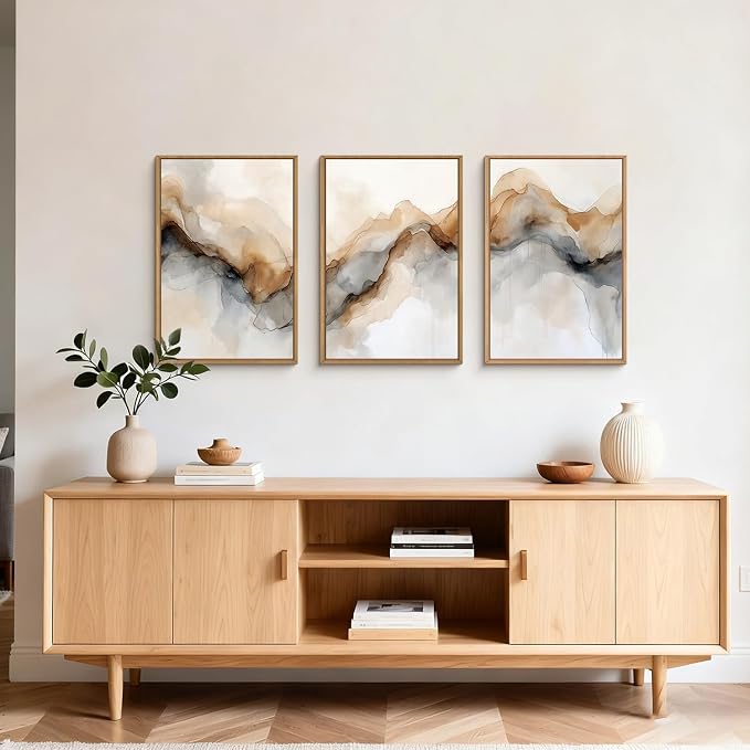 Abstract Neutral Framed Canvas Wall Art Set, Retro Watercolor Landscape Wall Decor, Modern Texture Art Prints, Minimalist Nature Wall Painting for Living Room, Bedroom, Office 16×24inches