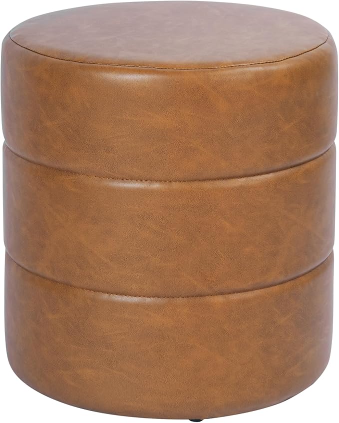 HomePop Upholstered Faux Leather Round Ottoman (No Lid, Seat Only) | HomePop Home Décor | Round Pouf Foot Rest – Camel Brown Faux Leather