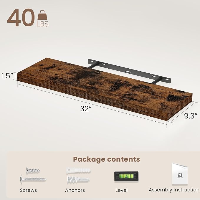Vivelove Floating Shelves for Wall Mounted, 32 Inches Long Shelves, Display Shelf for Bathroom Living Room Kitchen Bedroom Office Farmhouse Home Decor, 32" X 9.3" X 1.5" - Set of 2, Rustic Brown