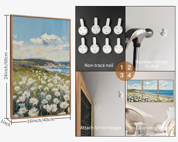 KYLESONLIE Large Summer Wildflower Framed Canvas Wall Art, Cozy White Daisy Wall Decor, Impressionist Coastal Art Paintings, Pastel Seaside Landscape Artwork for Living Room Bedroom Office 16"x24"x3
