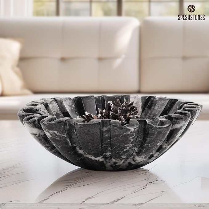 Marble Decorative Bowl Handmade 8 Inch Black Ruffle Bowl, Fruit Bowl for Kitchen Counter, Large Scalloped Bowls for Housewarming Gifts, Modern Fluted Bowl for Home Decor