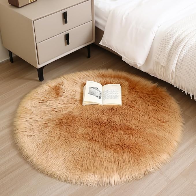Faux Fur Rug Fluffy Sheepskin Area Rug,Ultra Soft Shaggy Plush Rug Bedroom Living Room Sofa Floor Kids Room Bedside（3 x 3 ft Round Brown）