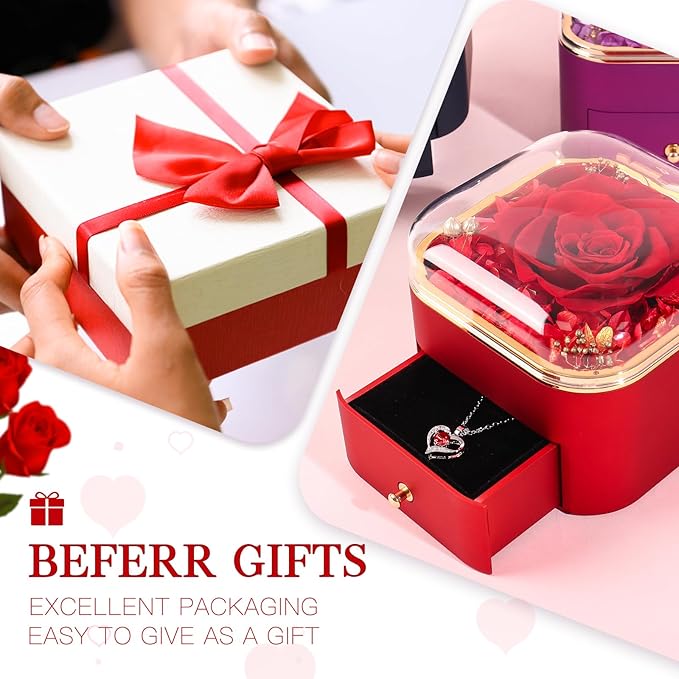 Beferr Gifts for Mom Preserved Real Rose with Red Necklace Eternal Roses Forever Flowers for Delivery Christmas Anniversary Birthday Mothers Day Flowers for Women Her Grandma Wife Daughter Girlfriend