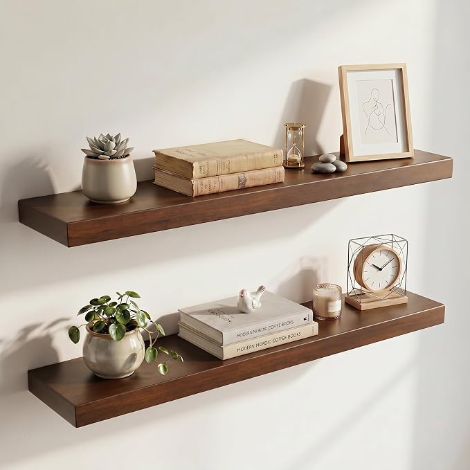 36 inch Floating Shelves for Wall, High End Solid Real Wood Floating Shelf with Heavy Duty Invisible Bracket 36in Long Wooden Wall Shelves for Living Room, Bedroom, Kitchen, Bathroom, Set of 2, Walnut