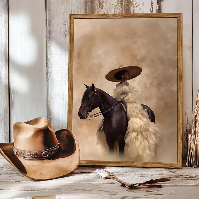 Framed Western Cowgirl Wall Art, Fashion Black Girl Riding Horse Canvas Wall Decor Painting, Black Woman African American Bride Pictures Prints Aesthetic Home Decor for Living Room Bedroom 12x16 inch