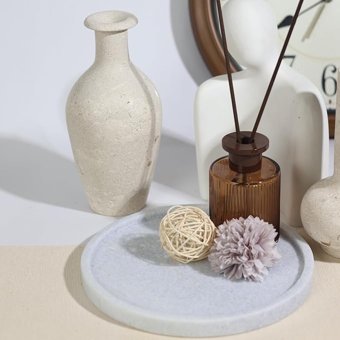 Natural Marble Vanity Tray, Round, 8.3 Inch, with Anti-Slip Pads, for Bathroom, Jewelry, Perfume Display, Coffee Table Decor (Blue Quartz)