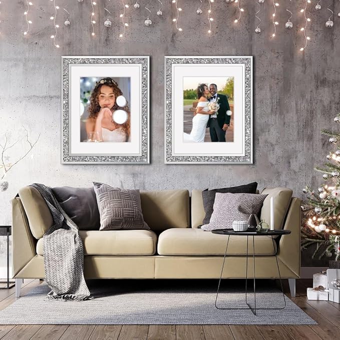Crushed Diamond Wedding Mirror Photo Frame, Crystal Silver Glass Picture Frame For Photograph Size 11x14 inch With Mat for 8x10 inch, Pack of 2 Pieces Wall Frame. Bling Sparkle Diamond Home Decor.