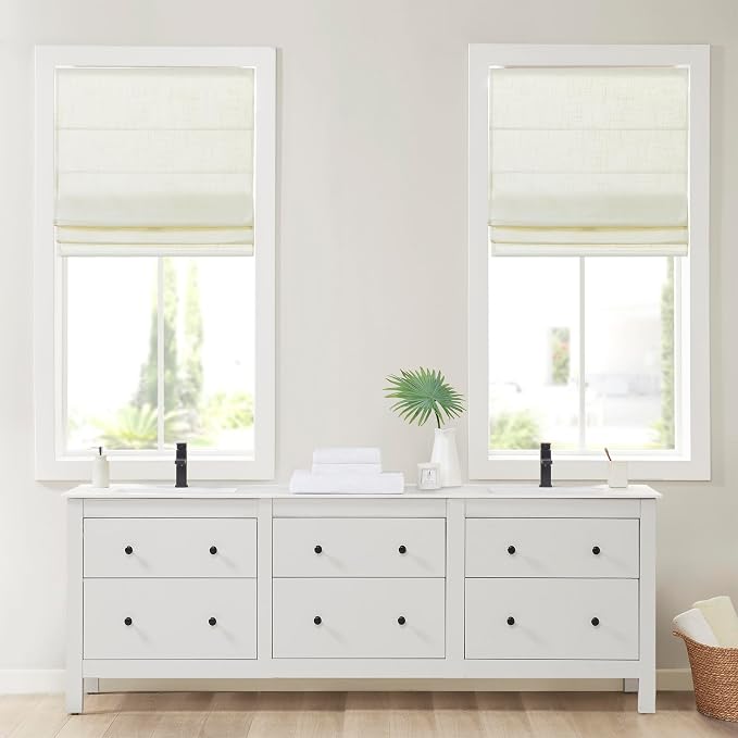 Madison Park Kyler Cordless Roman Shades - Single Panel, Lightweight Linen Blend Fabric, Natural Design, Easy Installation, Light Filtering Window Blind, Bedroom, Living Room Decor 34"W x 64"L Ivory