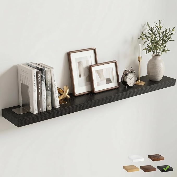 55 Inch Floating Shelves for Wall, 8"D Wood Storage Shelves, Black Finish | Engineered Wood, Invisible Bracket, Large Storage, Easy Install, Hold Up to 88lbs, Living Room, Bathroom, Bedroom, Kitchen