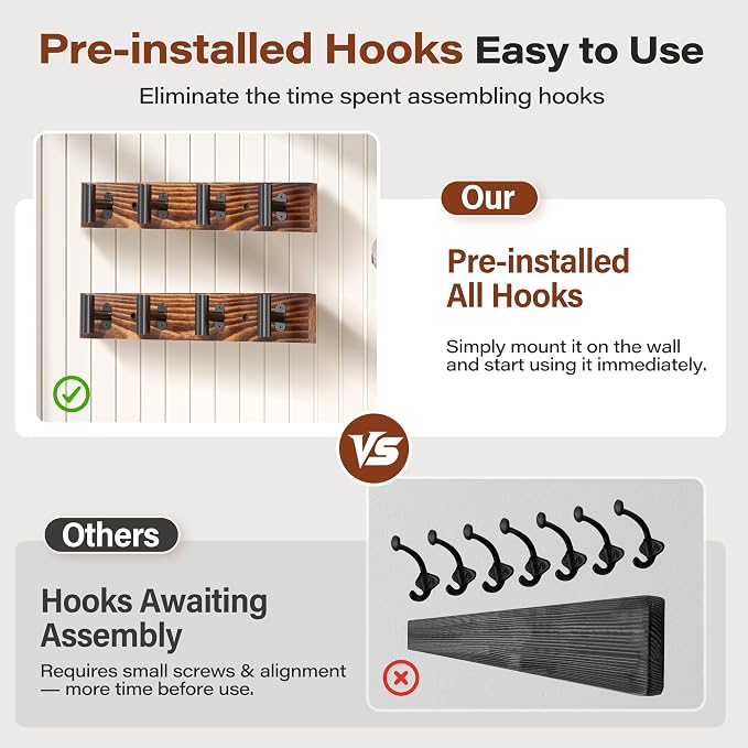 4 Pack Coat Rack Wall Mount, Rustic, Length Per Unit 16.2in | With 16 Black Metal Pre-Installed Hooks, Pine Solid Wood, Large Coat Hanger, For Entryway, Living Room, Bathroom