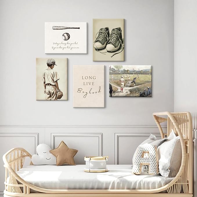 Baseball Nursery Wall Art Decor Vintage Boys Room Canvas Posters Sports Boy Pictures Baseball Vintage Nursery Painting Neutral Sport Kids Room Prints Wall Art for Bedroom 8x10x5 Inch Framed ﻿