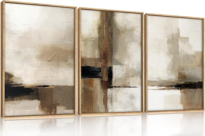 HOURIA Abstract Neutral Vintage Earth Tone Framed Canvas Wall Art Set,Modern Minimalist Rustic Brown Beige Wall Decor,Wabi Sabi Textured Brushstroke Artwork for Living Room,Bedroom,Farmhouse-24"x36"x3