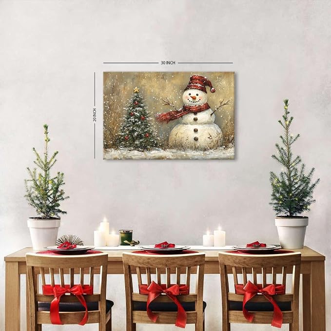 Vintage Christmas Wall Decor Christmas Tree Snowman Wall Art Pine Trees Botanical Snow Scene Winter Landscape Picture for Living Room Entryway Cabin Home Decoration Xmas Festival Holiday Artwork 20x30