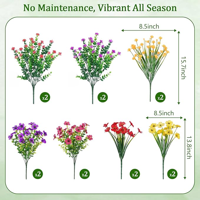Yastouay Artificial Flowers for Outdoors, 14 Bundles UV Resistant Artificial Outdoor Flowers, Realistic Fake Outdoor Flowers Plant Faux Flowers for Outdoor Planters Front Porch Patio Window Box