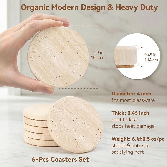 Travertine Marble Coasters Set of 6, 4" Round Rustic Farmhouse Coasters for Coffee Table Decor, Thick Heavy Stone Drink Coaster with Cork Backing, New Home Decor, Gift Boxed for Housewarming