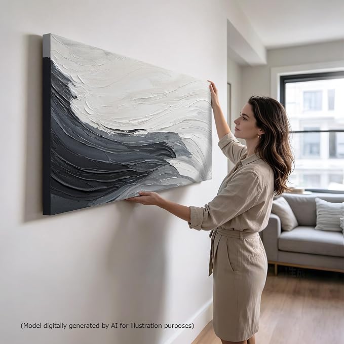 Modern Minimalist Black & White Ocean Wall Art, Large Abstract Wall Decor | Hand-Painted Oil Painting Canvas Artwork for Living Room Bedroom Office, Original Horizontal Coastal Wall Art Home Decor Gift
