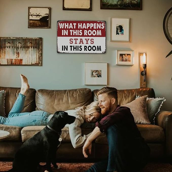 Room Signs Man Cave Wall Decor For Men Funny Metal Tin Bedroom Sign What Happens In This Room Stays In This Room Signs Vintage Dorm Door Decorations For Guys Mens Room Accessories And Signs Women Gift 8 X 12 In