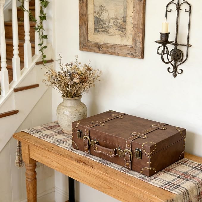 DECOR4SEASON Vintage Leather & Wood Storage Box – Compact Decorative Suitcase Chest with Classic Design, Perfect for Keepsakes, Travel, and Home Organization