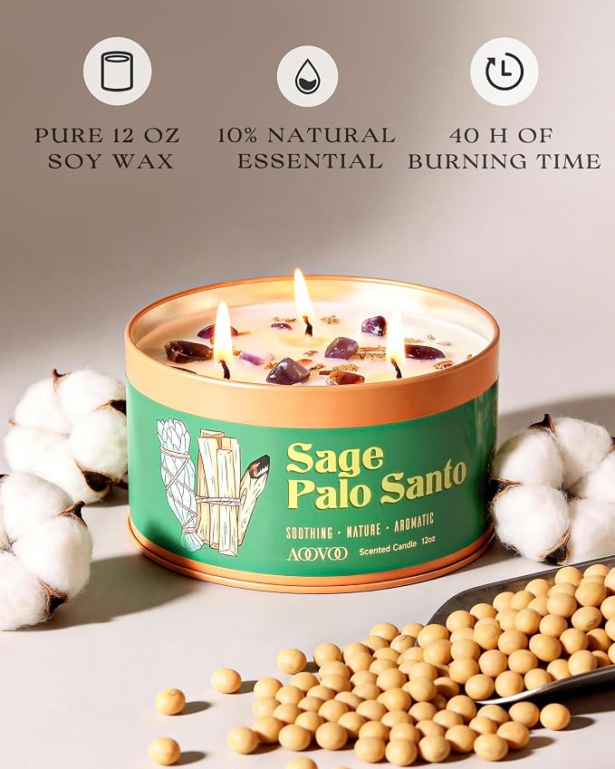 AOOVOO 2 Pack Sage & Palo Santo Candles for Cleansing - 3 Wick 12oz Large Scented Candle with Amethyst Crystals, Sage & Palo Santo Inside, Non-Toxic Soy Candles for Meditation Spiritual Healing Gift