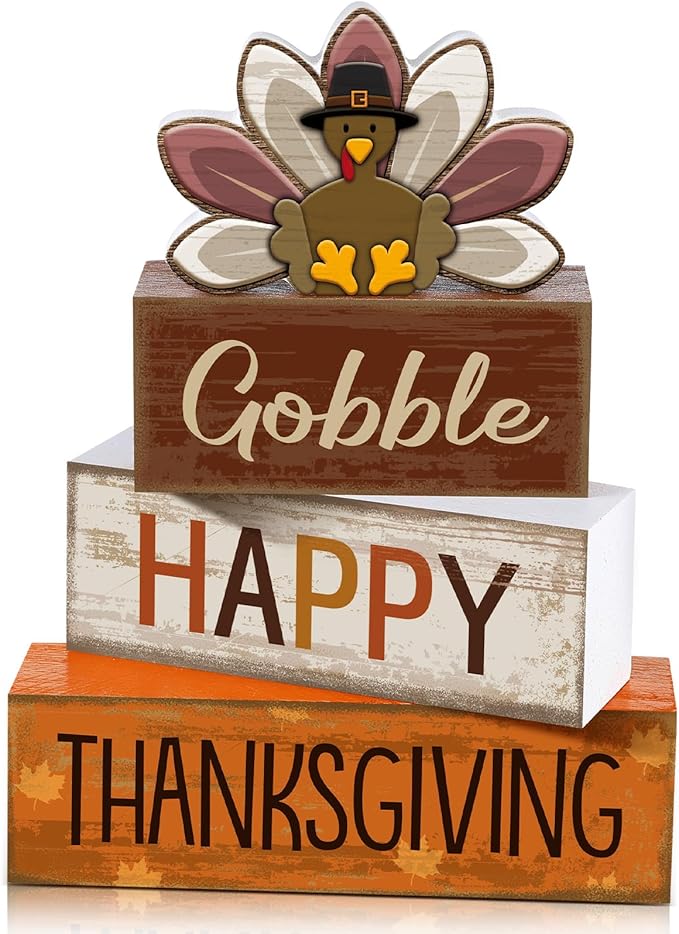 Lineshading 4 Pcs Thanksgiving Decorations for Home Wooden Turkey Thanksgiving Table Centerpiece Fall Tiered Tray Decor Rustic Wooden Turkey Block Sign for Autumn Harvest Party Table Kitchen Shelf