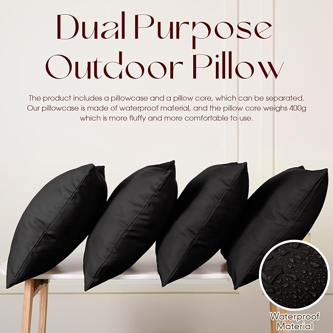 Colingmill 4 Set Waterproof Black Outdoor Throw Pillow Covers with 4 Pillow Inserts 18x18 Inch Decorative Waterproof Throw Cushion for Sofa Couch Home Patio