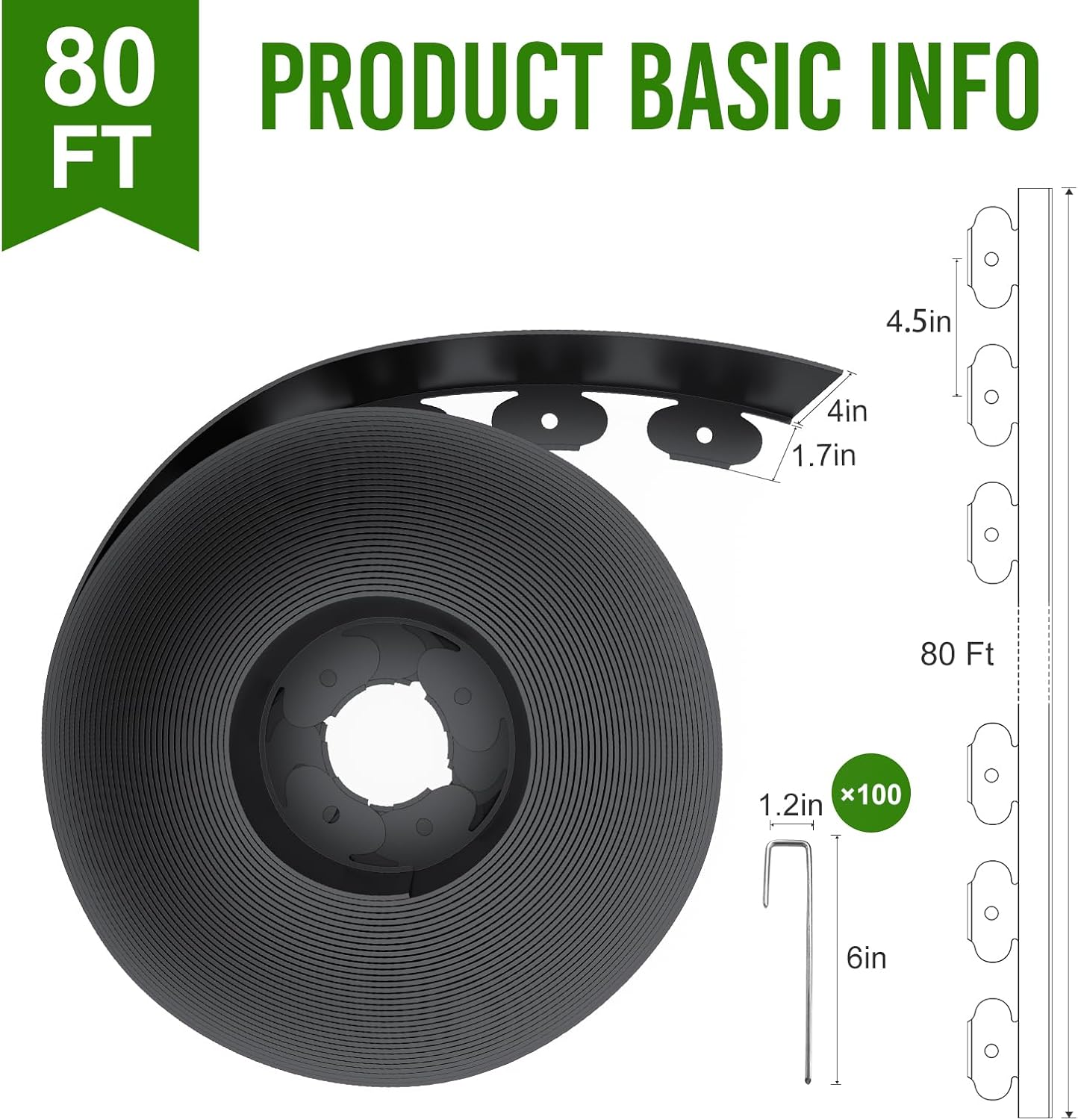 Landscape Edging 4 Inch Tall 80FT with 100Pcs Metal Spikes, Plastic Garden Edging Border Landscape Edging Border Lawn Edging for Landscaping, Flower Bed, Yard