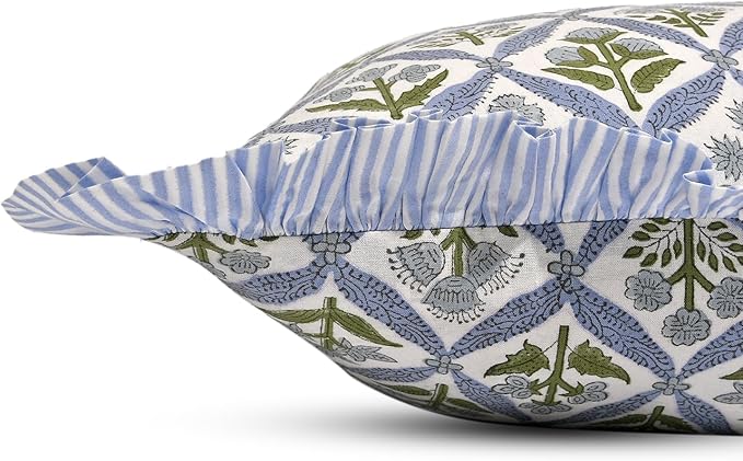 Ridhi Block Print Light Steel Blue Throw Pillow Cover 18" x 18" (Pack of 2) Decorative Cushion Covers with Ruffle for Couch, Sofa, Bed, Living Room, Home Decor Gift for Spring, Easter, Valentine