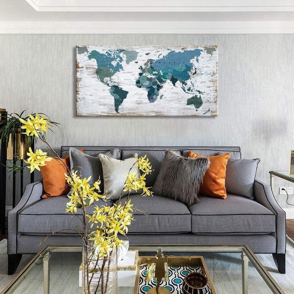 teal world map Wall Art Watercolor Abstract Wall Decal Large Office Canvas Wall Art map of the world 32in"x48in" Painting for Bedroom Wall Decoration for Living Room Blue wall art Artwork for Walls