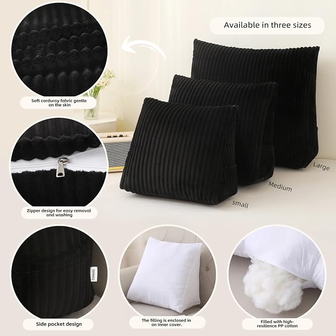 Corduroy Wedge Reading Pillow for Bed, 3 Sizes, 4 Colors for Bed, Sofa, Office Chair (Black, Medium 19 * 16 * 7in)
