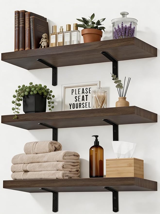 LifetimeWarranty Easy Install Wall Shelves with Brackets,15.7 Inch Wall Mounted Wood Floating Wall Shelf, Small Wall Shelf for Storage&Home Decor, Living Room,Kitchen,Office,Book Corner Shelf,Set of 3