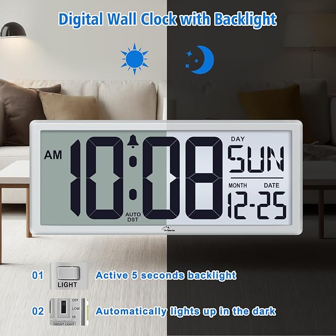 WallarGe Backlight Digital Wall Clock Battery Operated - with Temperature and Date 14.5'' Large Digital Wall Clock, Easy to Read and Set, Auto DST