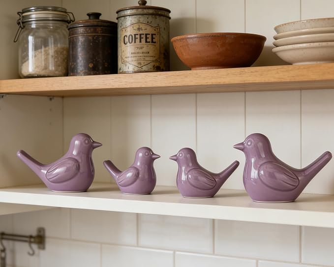 Small Purple Bird Statue Ceramic 2-Piece Set, 3¾ inch Cute Knick Knack for Home Office Shelf Desk Decor