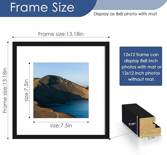 PEALSN 12x12 Picture Frame Set of 6, Display Pictures 8 x 8 with Mat or 12 x 12 without Mat for Wall Mounting Display, Photo Frames Collage for Wall Decor, Black.