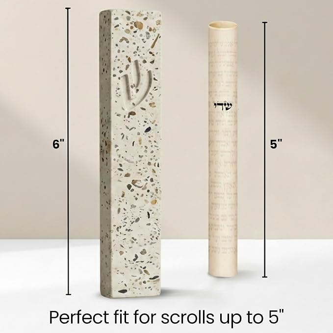 SURI Mezuzah for Door – 6 Inch Terrazzo Pink Concrete Mezuzah Case with Non Kosher Scroll, Self-Stick Jewish Entry Design, Fits a 5 Inch Scroll, Gift Box Included