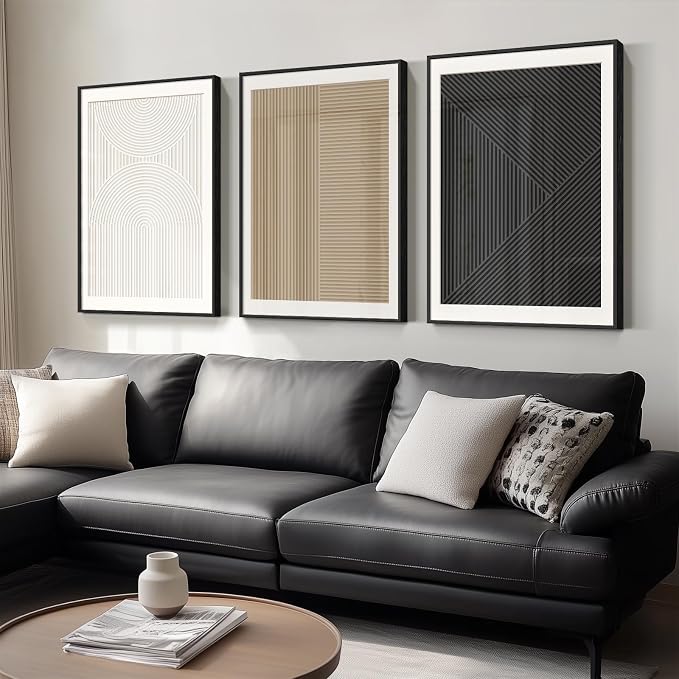 Large Framed Abstract Modern Wall Art for Living Room, 3 Piece Black and White Neutral Canvas Artwork for Walls, Boho Minimalist Pictures Paintings Prints for Dining Room Office Decor, 24x36 Inch