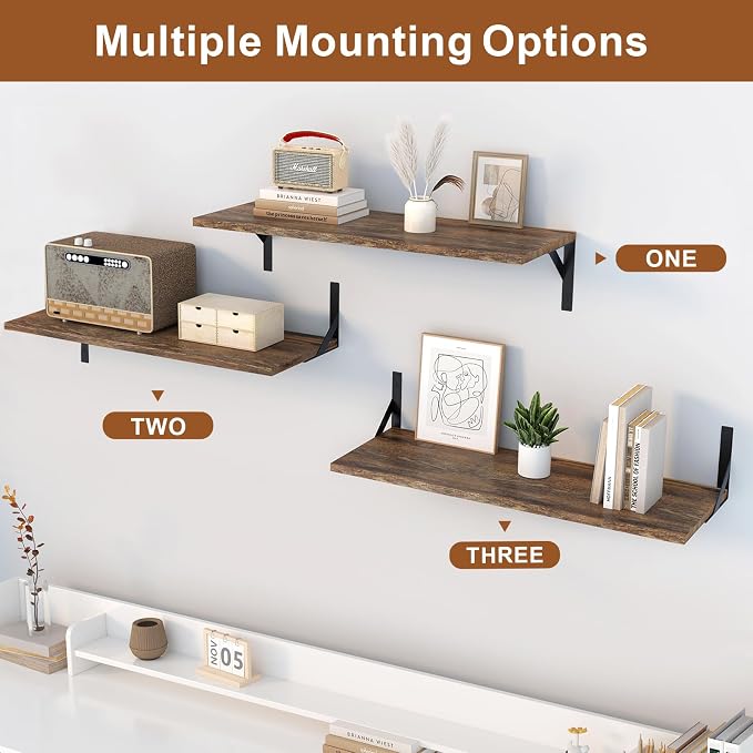 Large Wall Shelves, 31.5" W x 12" D Long Floating Shelves Set of 2, Wide Display Wood Shelf Wall Mounted with Heavy-Duty Metal Brackets for Bedroom Books, Living Room, Kitchen, Rustic Brown