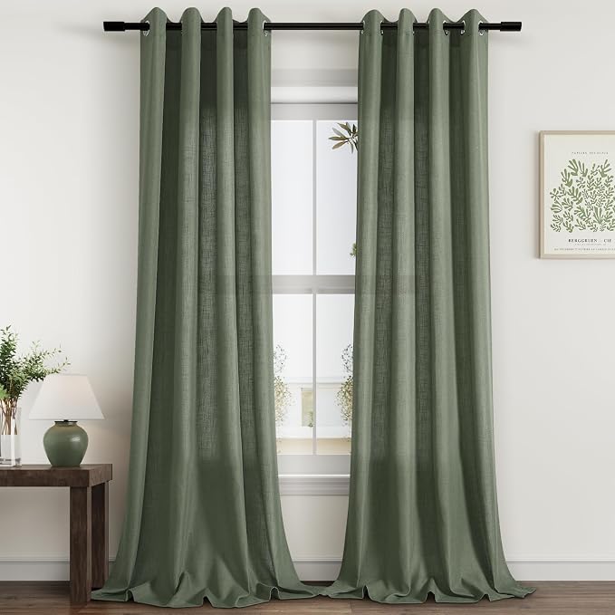 Olive Green 96 Inch Linen Curtains for Sliding Door Living Room Grommet Neutral Farmhouse Boho Light Filtering Semi Sheer Forest Green Curtain Drapes for Bedroom Aesthetic 96 Inches Long 2 Panels