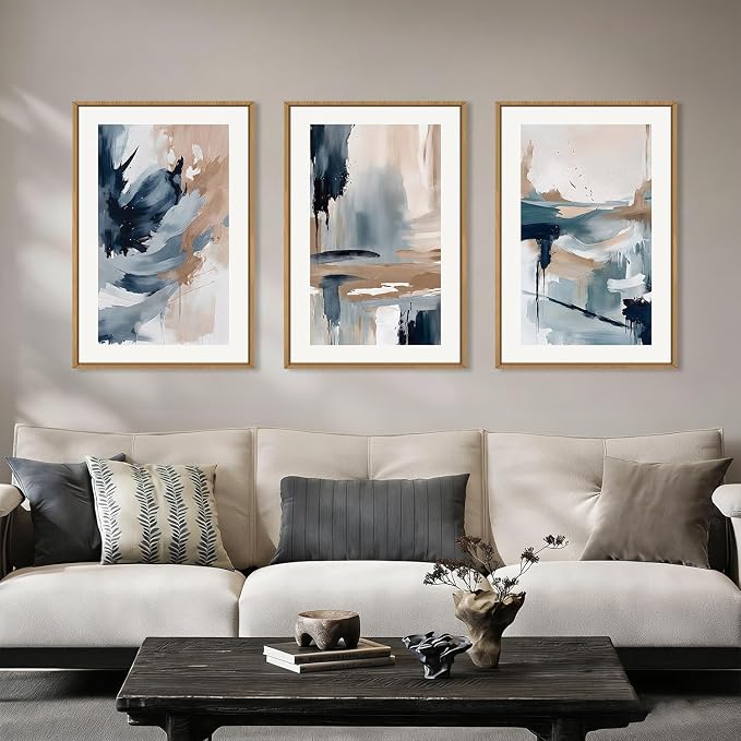 Aryroi Abstract Navy Blue Framed Canvas Wall Art Set,Neutral Brush Stroke Wall Decor,Watercolor Pastel Brown Artwork,Modern Minimalist Color Block Art Print For Living Room,Bedroom,Office-24 x36 x3