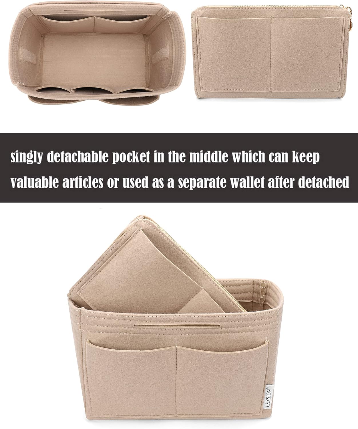LEXSION Felt Purse Bag Organizer Insert with zipper Bag Tote Shaper Fit Speedy Neverful PM MM