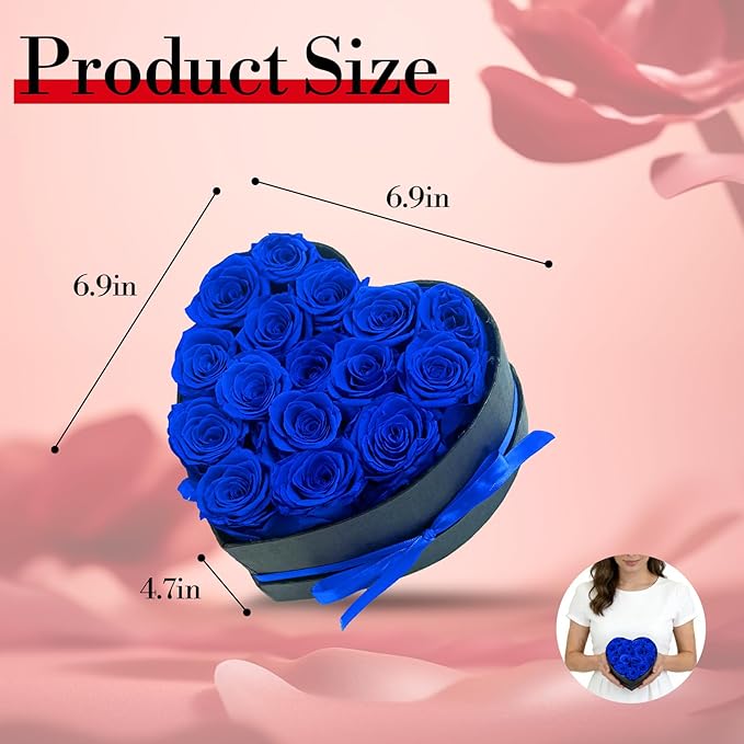 Preserved Roses Heart Shape Box Valentines Day Gifts for Her Mothers Day Forever Flowers (Blue, 16 Roses)