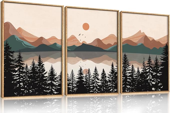 KAIRNE Boho Mountain Sunset Framed Canvas Wall Art Set,Colorful Mid Century Forest Wall Decor,Beige Nature Pine Tree Art Prints,Abstract Modern Landscape Artwork for Living Room,Bedroom,Farmhouse,Office-16"x24"x3