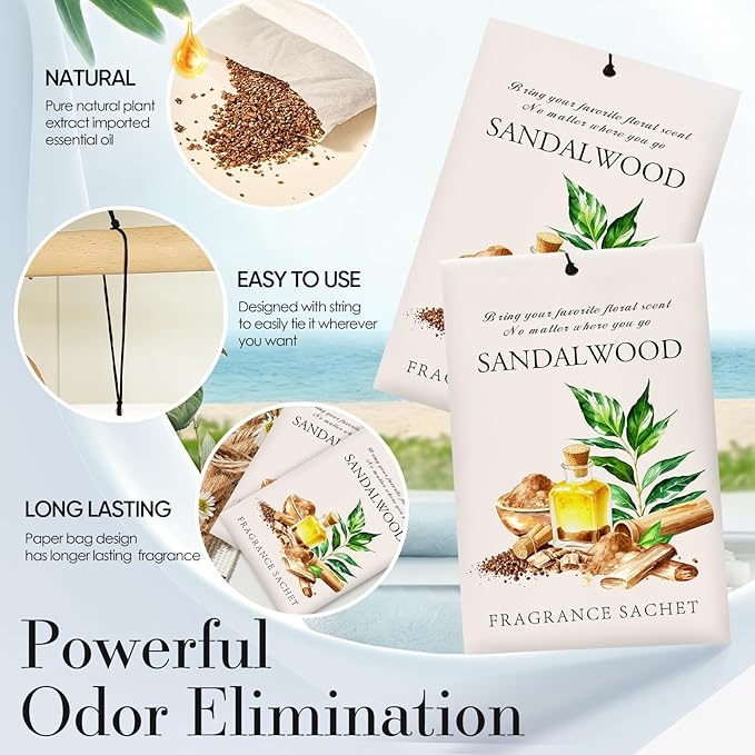Sandalwood Scented Sachet Bags - 12 Pack Drawer & Closet Freshener, Long Lasting Odor Eliminator for Wardrobes, Cars & Storage, Home Fragrance Air Freshener Sachets