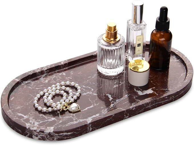 Oval Marble Bathroom Vanity Tray, Natural Luxury Marble Home Kitchen Bathroom Table Tray, Stone Decorative Countertop Tray for Coffee Perfume Jewelry (Rosso Lepanto, 12" x 6" x 0.8")