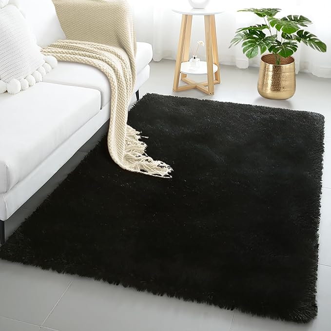 KICHOWUA 4x6 Black Fluffy Shag Rug for Bedroom, Ultra Soft Plush Fuzzy Washable Cozy Carpet for Living Room, Modern Non Slip Floor Comfy Furry Shaggy Area Rug for Kids Baby Boys Girls Nursery Dorm