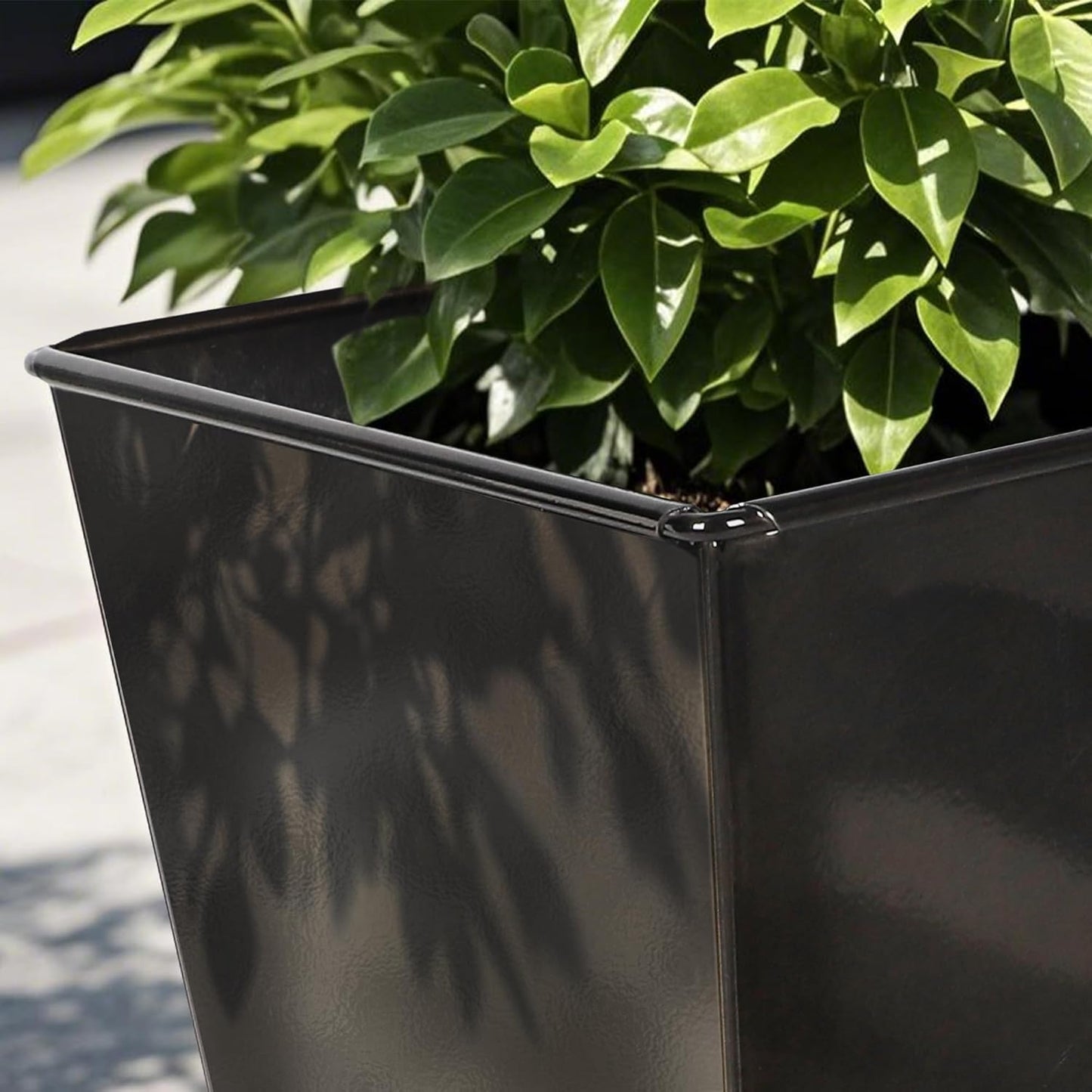 Worth Garden 28" H. Large Metal Glazed Planter Set of 2, Modern Glossy Finish Black Tall Square Tapered Steel Flower Plant Pots for Indoor & Outdoor Use - Insert Plate with Drain Holes, Air Vents