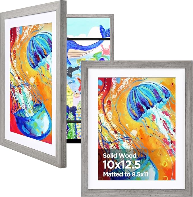 KINLINK 10x12.5 Kids Art Frame Set of 2, Solid Wood Kids Artwork Frames Changeable with Front Opening Hold 150 Pictures, Art Frames for Kids Art with Mat，without Mat 10x12.5 Picture Frame Grey