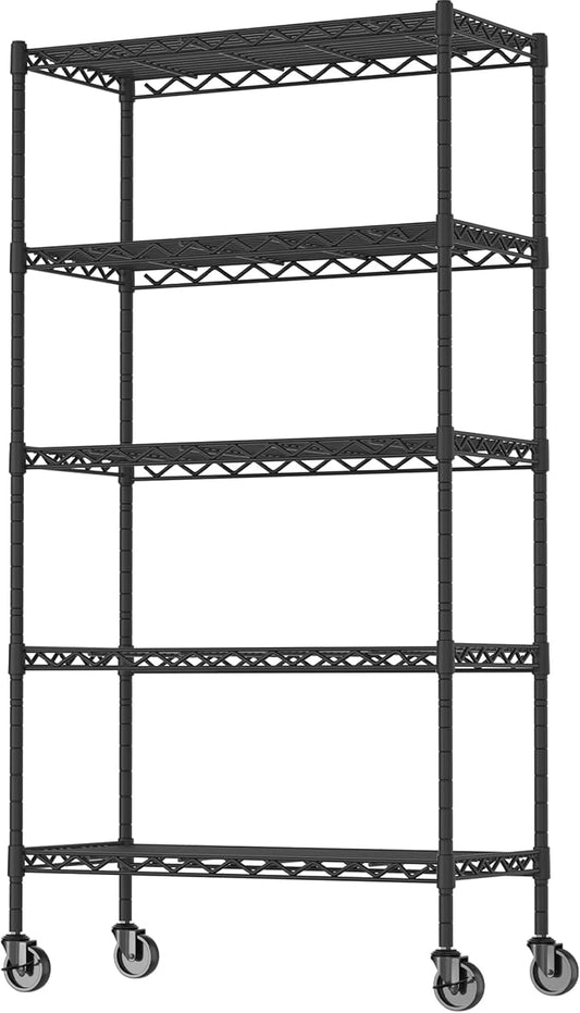 Soywey 5-Shelf Adjustable Heavy Duty Storage Shelving Unit on 4 Wheel Casters, Metal Organizer Wire Rack for Laundry Bathroom Kitchen Pantry Closet, Black